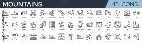 Set of 45 outline icons related to mountains. Linear icon collection. Editable stroke. Vector illustration