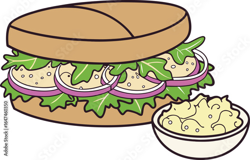 vector Illustration of a sandwich with salad and onions next to dip