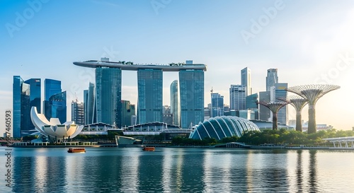 Photo of singapore skyline with marina bay sands and gardens by the bay on a clear day