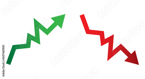 Graph going Up and Down sign with green and red arrows vector. Flat design vector illustration concept of sales bar chart symbol icon with arrow moving down and sales bar chart with arrow moving up.