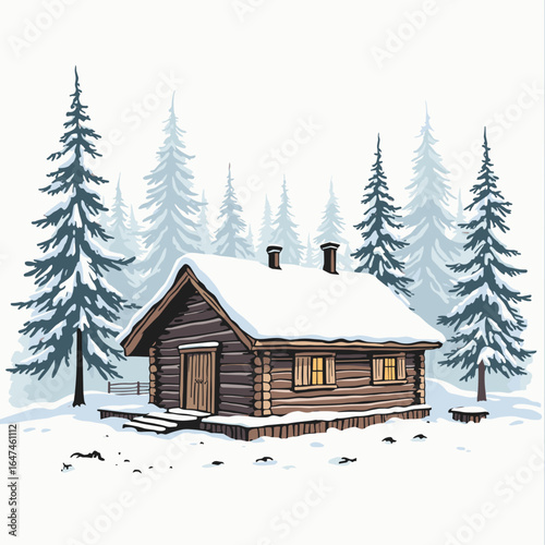 Snowy log cabin surrounded by evergreen trees in winter landscape  