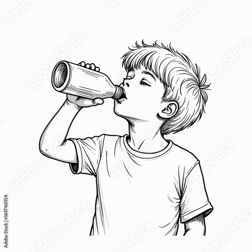Young boy drinking from bottle while relaxed in simple sketch style  
