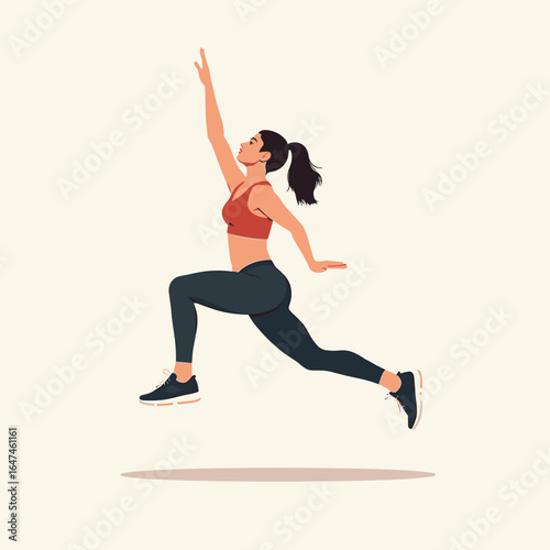 Athletic woman in mid-air jumping lunge with raised arm on clean background  
