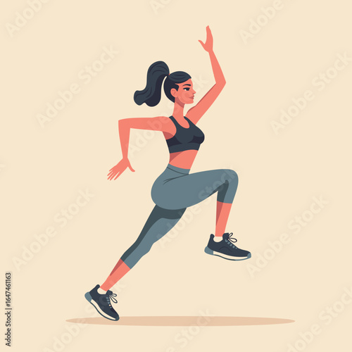 Athletic woman in mid-air performing a jumping lunge on beige background  