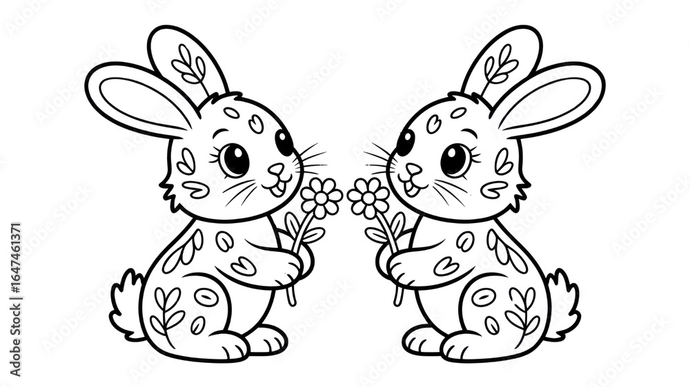 Fototapeta premium Two Adorable Cartoon Rabbits with Flowers - Mirrored Design