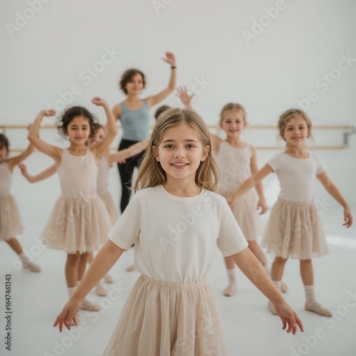 Children’s dance studio group, joyful mood, inclusive kids 4–10 with supportive teacher, bright pastel studio background