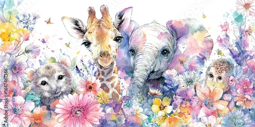 Fototapeta AKWARELOWA SCENA DŻUNGLI Z UROCZYMI ZWIERZĘTAMI