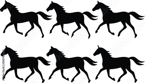 Six Black Horse Silhouettes in Motion on White Background horses animal