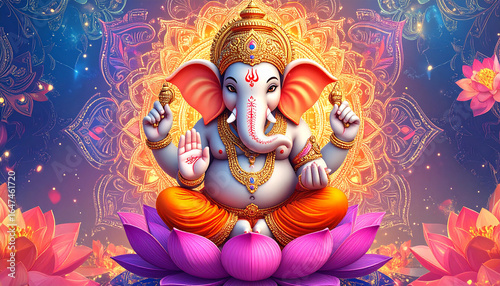 Ultra detailed 8K illustration of colorful Hindu Lord Ganesha sitting on lotus flower, mandala background, golden ornaments, glowing aura, vibrant modern 3D art for luxury wallpaper and poster