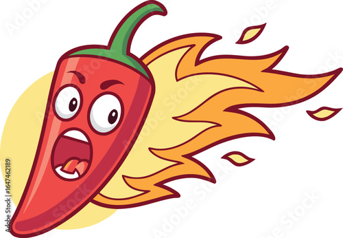 Cartoon red hot chili pepper aflame looks shocked and surprised, vector illustration
