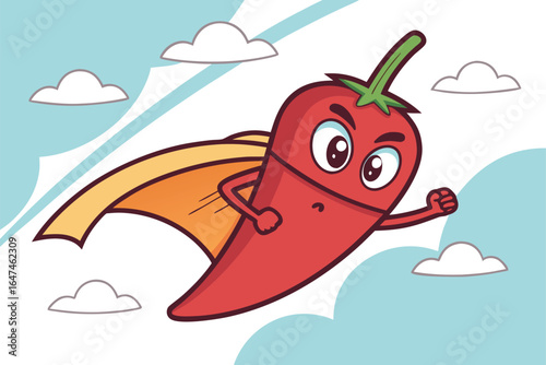 Cartoon red chilli pepper superhero flying high in light blue sky, vector illustration