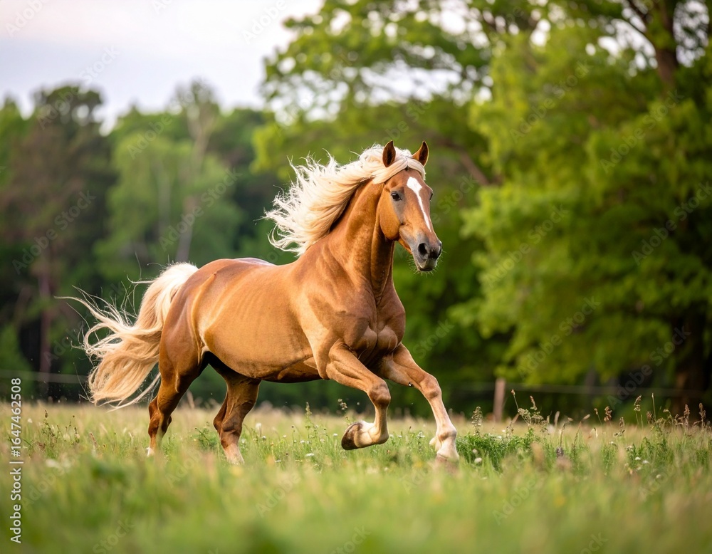 Obraz premium Semi-Realistic Digital Painting of Horse Running Across Meadow with Dynamic Motion and Flowing Mane