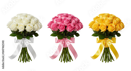 Fototapeta Naklejka Na Ścianę i Meble -  Collection of bouquet of white roses, yellow roses and pink rose isolated on white or transparent background