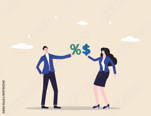 Returns from investments, earnings, and dividend yields; special promotions or sales, with one businessman’s hand presenting a percentage symbol while another hand offers dollar bills.