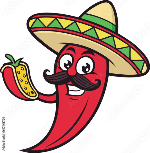 Cartoon chili pepper with a mustache wearing a sombrero hat, vector illustration