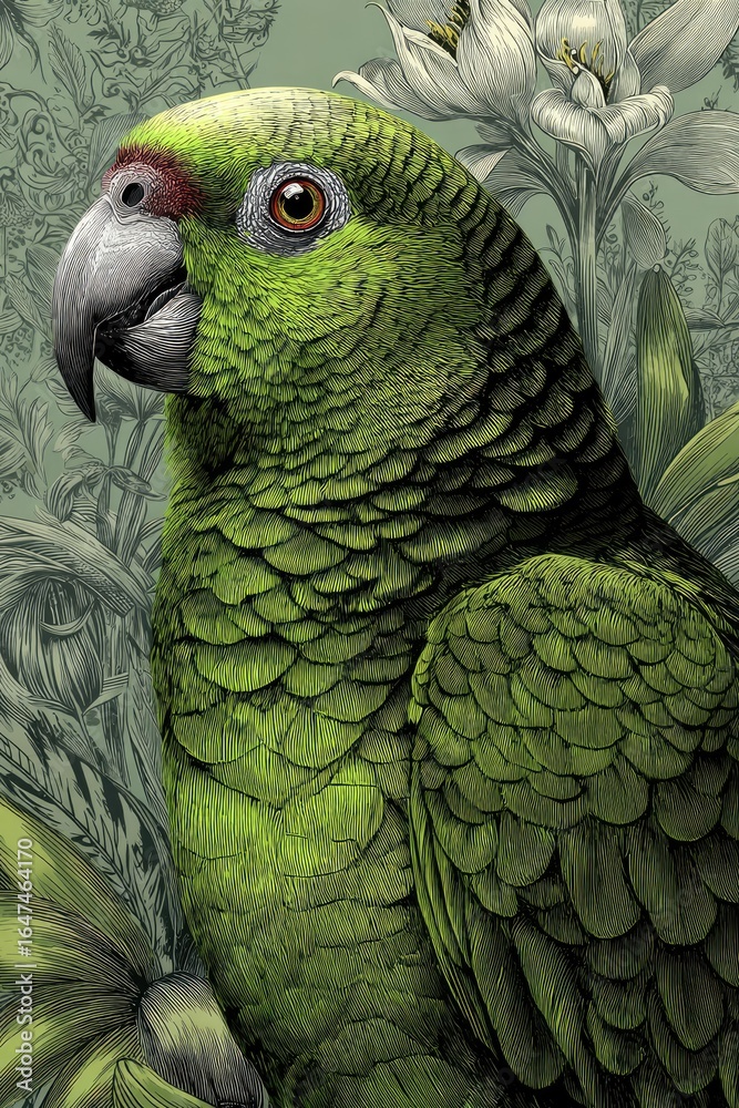 Obraz premium Detailed close-up portrait of a vibrant green parrot