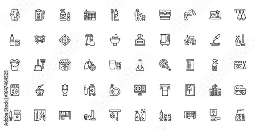 Hygiene and disinfection icon set. Clean vector symbols pack. Includes disinfection, cleaning tools, dental hygiene, quarantine, virus, hospital, medicine, vaccination and more. Editable stroke.