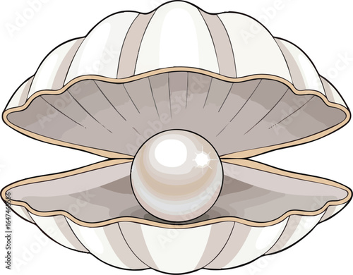 A lustrous pearl rests inside a delicately rendered open clamshell.