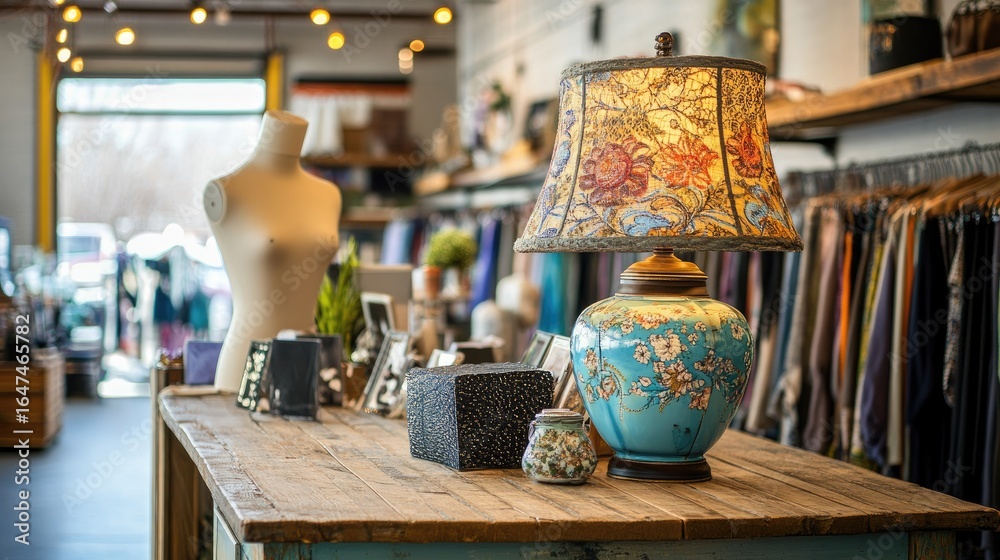 Fototapeta premium A cozy and warm thrift store counter with a decorative lamp on a wooden table, a mannequin, and clothing racks in the background.