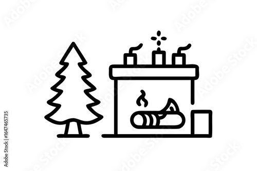 Silhouette of a decorated Christmas tree beside a fireplace with a mantelpiece holiday winter