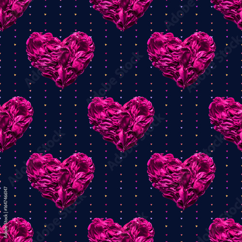 Seamless pattern with peony petal hearts and dotted dark background