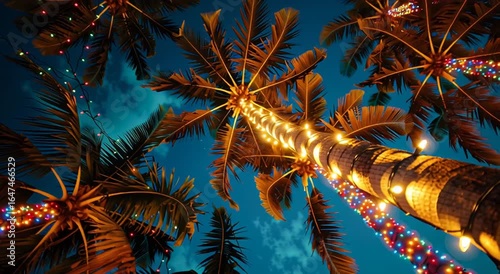 Palm trees decorated with bright Christmas lights against a tropical evening sky. Festive holiday atmosphere in a warm climate