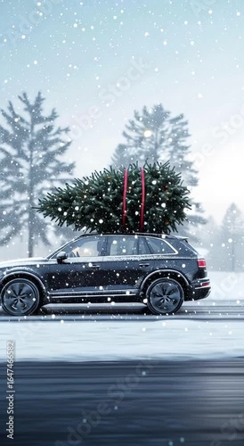 Black SUV with a Christmas tree secured on the roof driving along a snowy road during snowfall. Concept of winter holidays, Christmas, and New Year