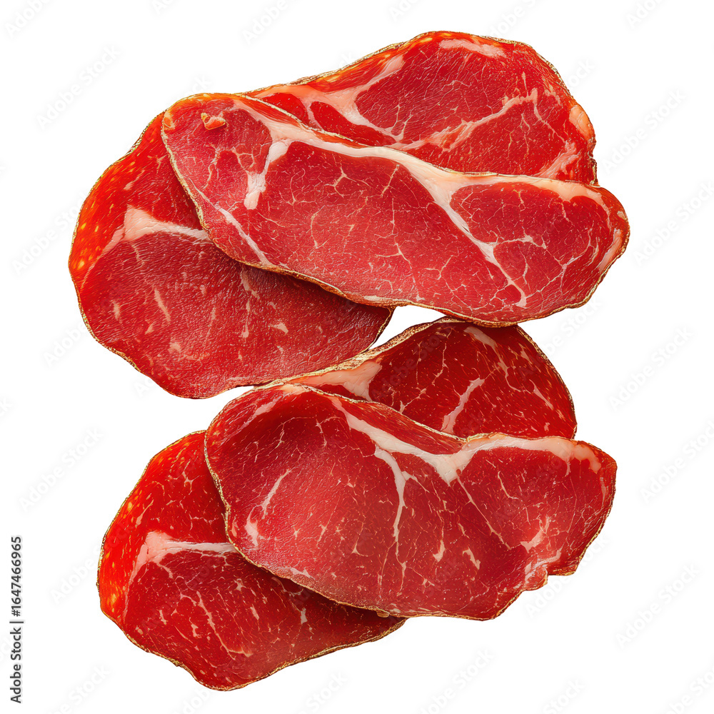 Thinly sliced coppa, a delicious cured meat, on a stark black background. Thinly sliced coppa, a delicious cured meat, on a stark black background.