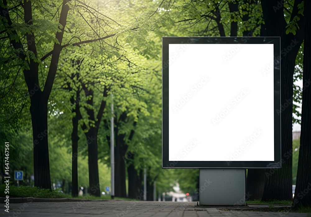 Fototapeta premium A blank billboard stands on the street in a park surrounded by green trees