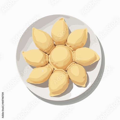 Plate of dumplings arranged in a circular pattern on white background  