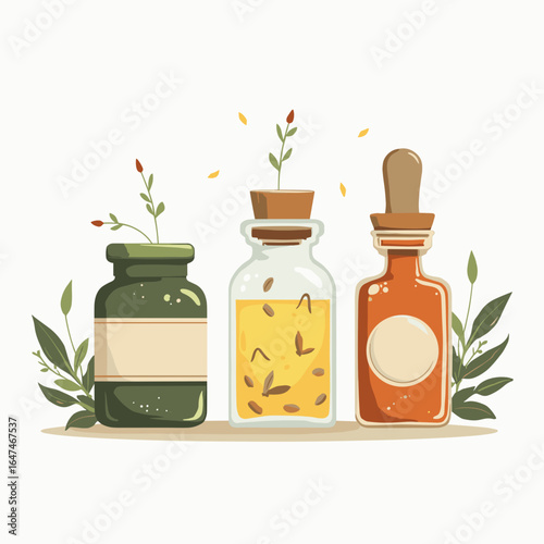 Glass jars with herbal extracts and tinctures on white background  