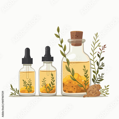 Small glass jars with herbal extracts and green leaves arrangement  