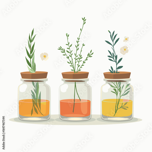 Glass jars with herbal extracts and plants on white background  