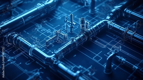 White plumbing pipes and connections blueprint on