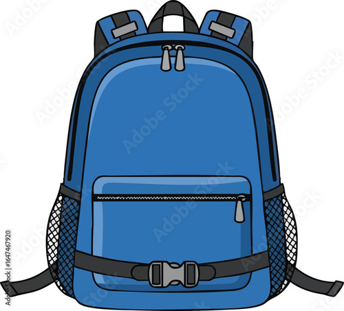 Front view of a vibrant blue backpack with multiple compartments and straps.