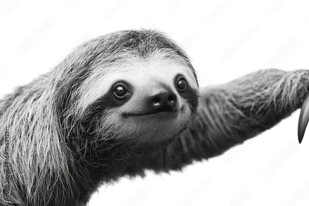 Fototapeta premium Close-up of a sloth with a playful expression in black and white.