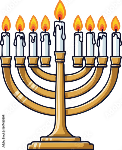 Gold-colored Menorah with lit candles, a traditional Jewish symbol.