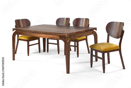 wooden dining table set isolated on white background . table and chair .