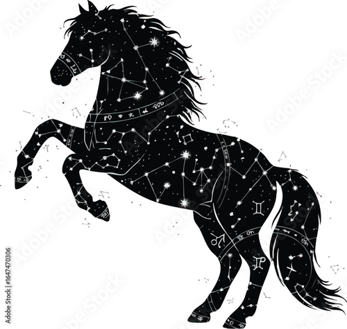 Celestial Horse Silhouette: A majestic black horse rearing, its form intricately composed of constellations and stars.