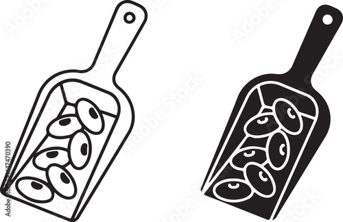Vector scoop icon: Olives sign, black and white whole gain symbol, food service vector illustration.