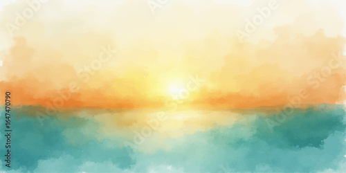 Abstract watercolor painting of a vibrant sunset over the sea, with orange and blue reflections on the water