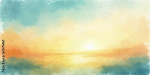 Abstract watercolor background of a dramatic sunset with bright orange and blue clouds over the sea