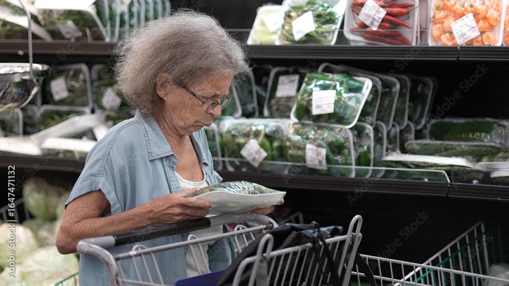 Φωτογραφία An elderly senior woman carefully examines a pack of fresh vegetables while grocery shopping in a well-stocked store