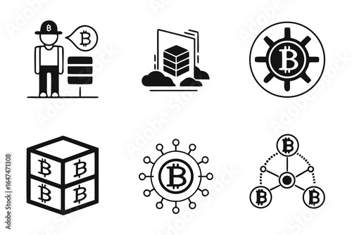 Vector art of bitcoin mining and network icons