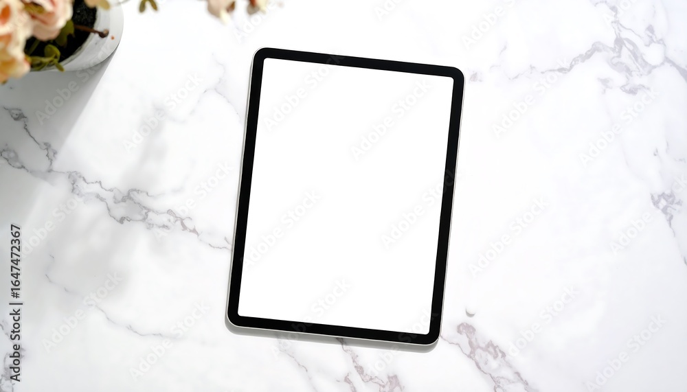 Fototapeta premium Tablet on marble surface with flowers