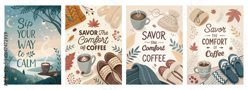 Cozy illustrations celebrating the comfort of coffee, featuring warm colors and serene elements.