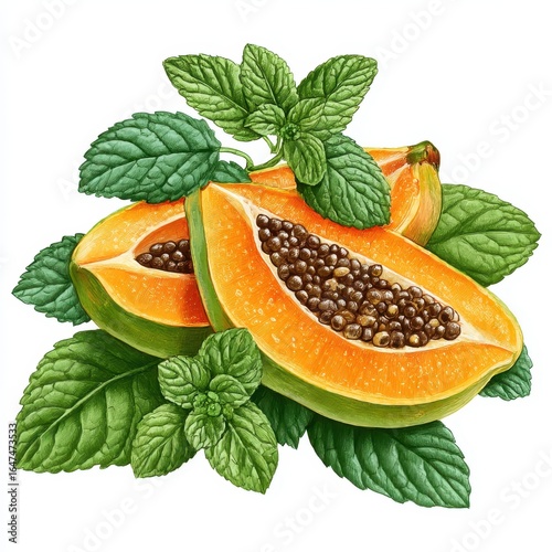 Sliced Papaya with Seeds and Fresh Green Mint Leaves on White Background Illustration