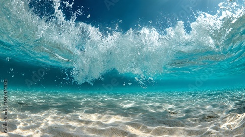 Fototapeta Naklejka Na Ścianę i Meble -  Blue Water Wave Underwater in Ocean and Swimming Pool