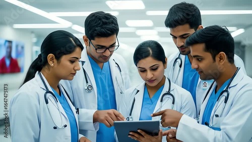 Young Indian Doctors Collaborate Modern Healthcare Team Discussing Patient Data on Tablet.