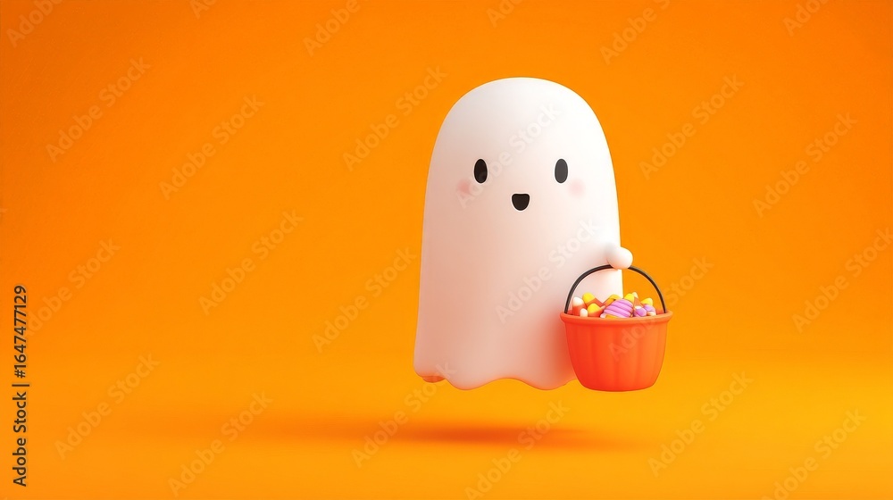 Fototapeta premium Cute ghost holding a candy bucket against a bright orange background.